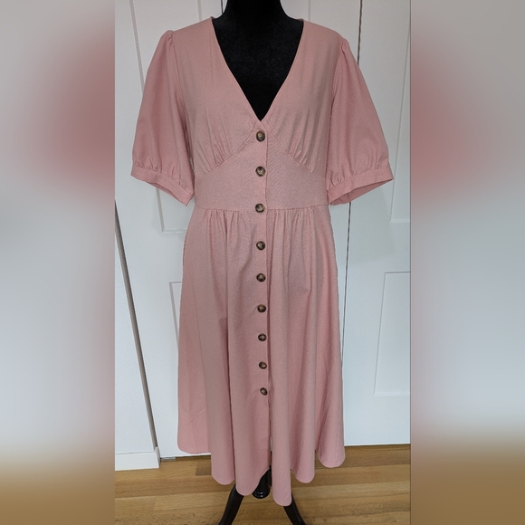 City Chic Linen Midi Dress Dusty Pink Puff Sleeve V-Neck Sundress Size 16, New! - Picture 3 of 12